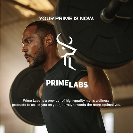 Muscular man performing a barbell back squat in a gym — Prime Labs men's wellness and recovery supplements