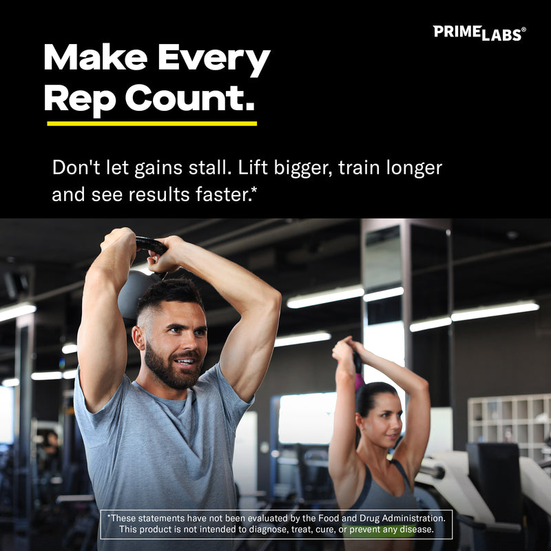 Couple training in a gym — Prime Labs Creatine helps you make every rep count, lift bigger and train longer