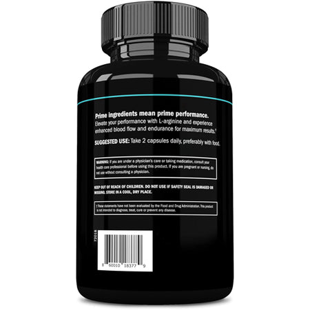 Prime Labs L-Arginine bottle back label with suggested use — take 2 capsules daily for blood flow, endurance and performance