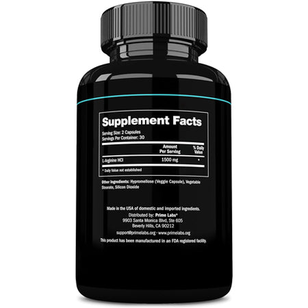 Prime Labs L-Arginine supplement facts panel close-up — 1500 mg L-arginine HCl per 2-capsule serving, 30 servings per bottle