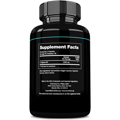 Prime Labs L-Arginine supplement facts panel close-up — 1500 mg L-arginine HCl per 2-capsule serving, 30 servings per bottle
