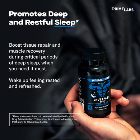 Hand holding Prime Labs Prime Test Night Duty bottle — supports tissue repair and muscle recovery during deep sleep