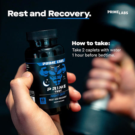 Hand holding Prime Labs Prime Test Night Duty bottle — directions show take 2 caplets with water 1 hour before bedtime