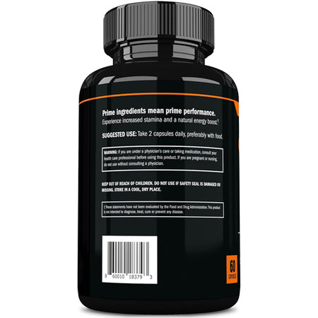 Prime Labs Organic Black Maca bottle back label — suggested use, warnings and ingredient information for daily black maca