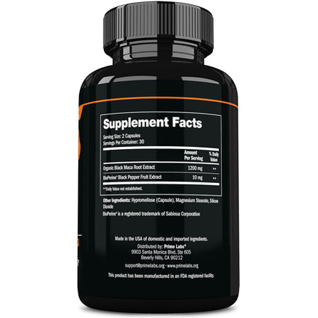 Prime Labs Organic Black Maca supplement facts panel close-up — 1200 mg black maca root and Bioperine extract per serving