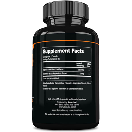 Prime Labs Organic Black Maca supplement facts panel close-up — 1200 mg black maca root and Bioperine extract per serving