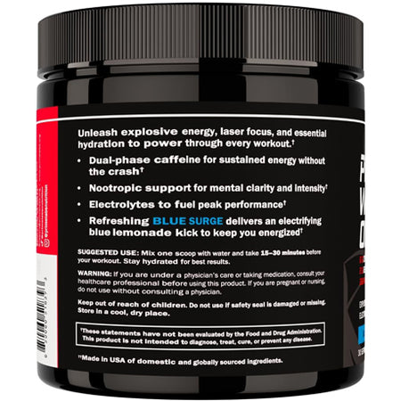 Prime Labs Pre Workout Powder tub back label — explosive energy, laser focus, electrolytes and crash-free dual-phase caffeine formula