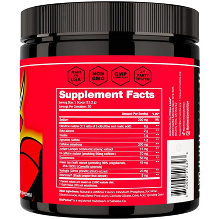 Prime Labs Pre Workout Powder supplement facts panel close-up — Made in USA, non-GMO, GMP compliant and third-party tested badges