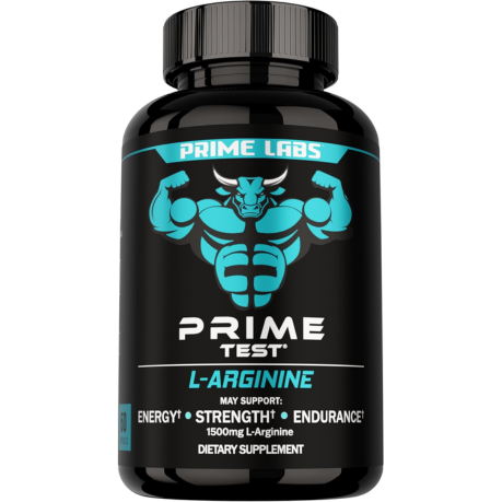 Prime Labs Prime Test L-Arginine bottle — teal bull mascot label, 1500 mg L-arginine for energy, strength and endurance