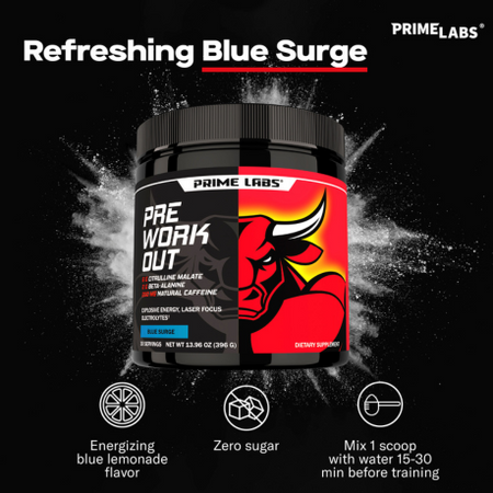 Prime Labs Pre Workout Powder Blue Surge tub — energizing blue lemonade flavor, zero sugar, mix one scoop 15 to 30 minutes before training