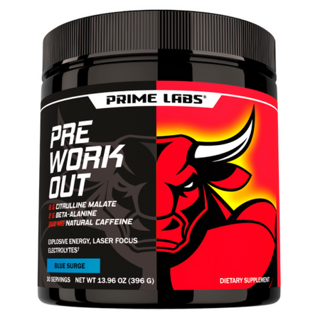 Prime Labs Pre Workout Powder tub — Blue Surge flavor with red bull mascot, citrulline malate, beta-alanine and 250 mg natural caffeine
