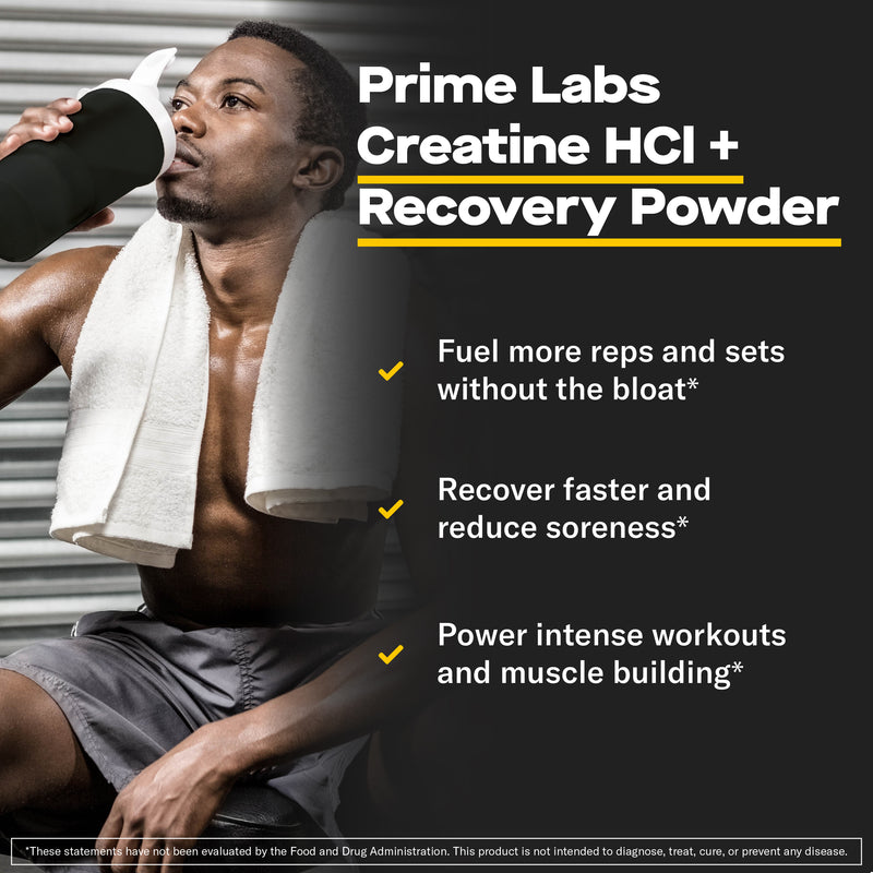 Athletic man drinking from a shaker after a workout — Prime Labs Creatine HCl + Recovery fuels reps, recovery and muscle building