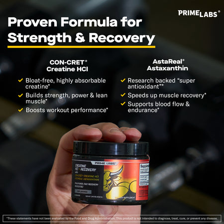 Hand holding Prime Labs Creatine HCl + Recovery tub — bloat-free CON-CRĒT creatine plus AstaReal astaxanthin antioxidant for strength
