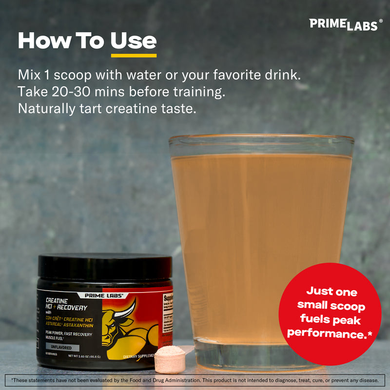 Prime Labs Creatine HCl + Recovery tub beside a glass of mixed drink — mix one scoop with water 20 to 30 minutes before training