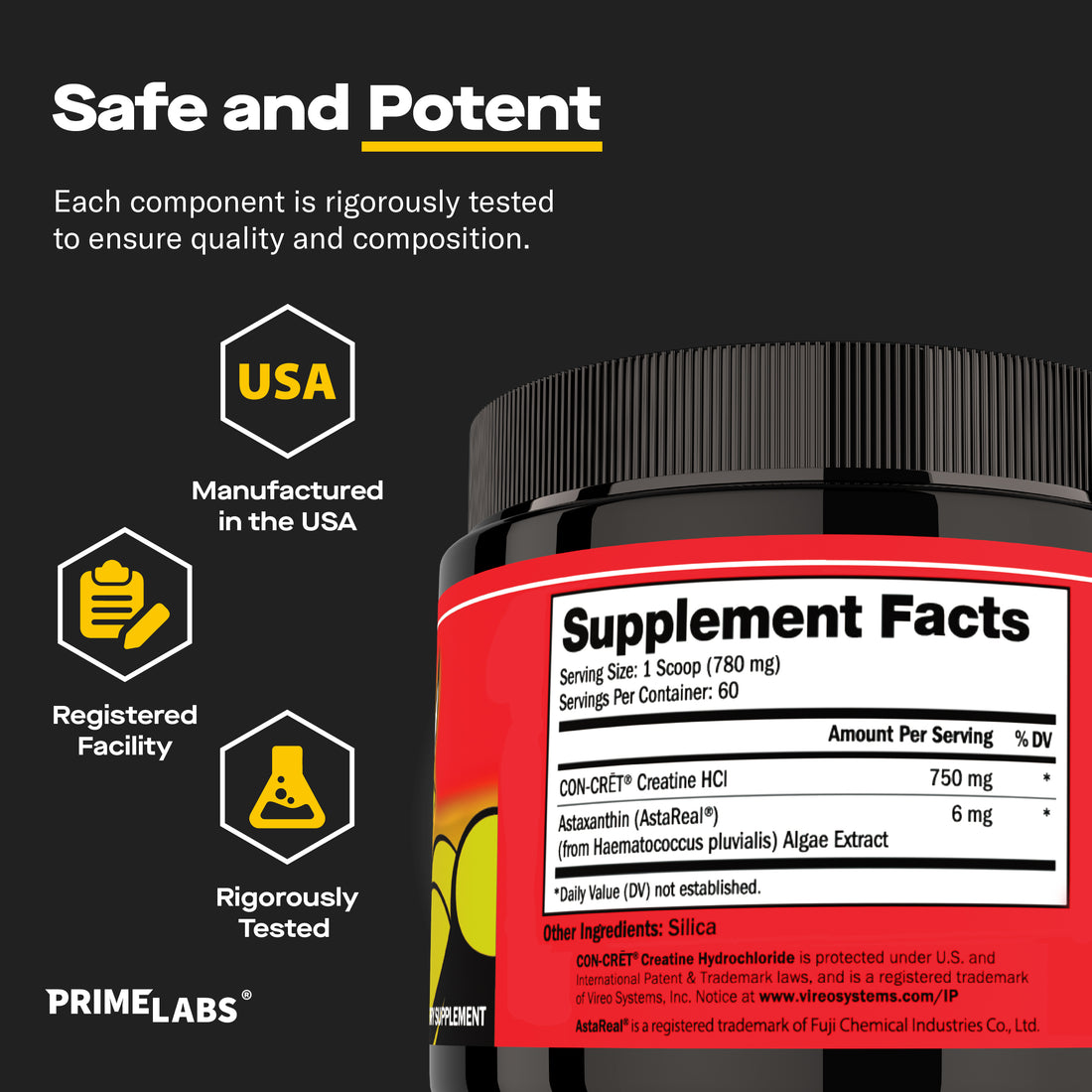 Prime Labs Creatine HCl + Recovery supplement facts — 750 mg CON-CRĒT creatine HCl and 6 mg AstaReal astaxanthin per scoop, USA-made