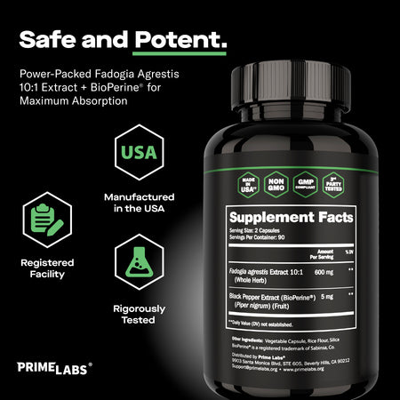 Prime Labs Fadogia Agrestis supplement facts — 600 mg fadogia agrestis 10:1 plus 5 mg BioPerine, USA-made, non-GMO and GMP compliant