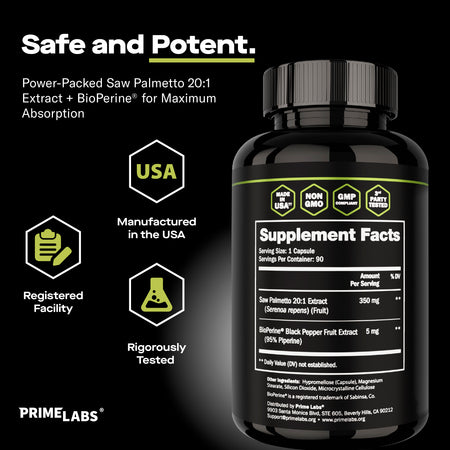 Prime Labs Saw Palmetto supplement facts — 350 mg saw palmetto 20:1 extract plus 5 mg BioPerine, made in USA, non-GMO and GMP compliant