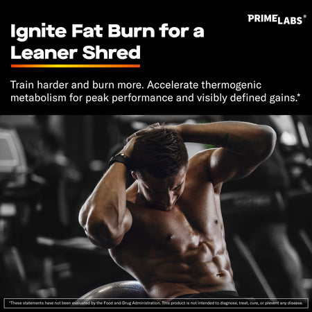 Muscular shirtless man training in a gym — Prime Labs Thermogenic Burner ignites fat burn for a leaner shred and visible gains