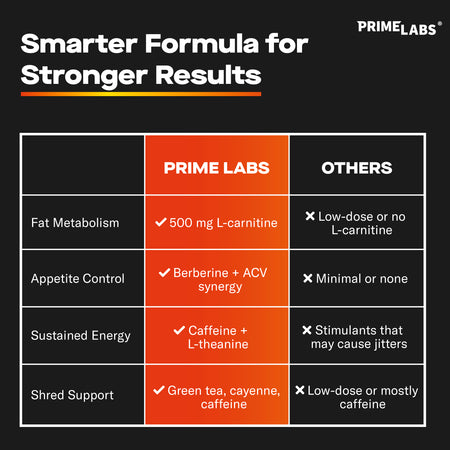 Prime Labs Thermogenic Burner vs other fat burners — 500 mg L-carnitine, berberine plus ACV, caffeine plus L-theanine and green tea