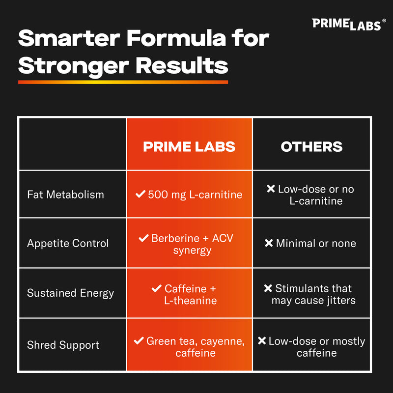 Prime Labs Thermogenic Burner vs other fat burners — 500 mg L-carnitine, berberine plus ACV, caffeine plus L-theanine and green tea