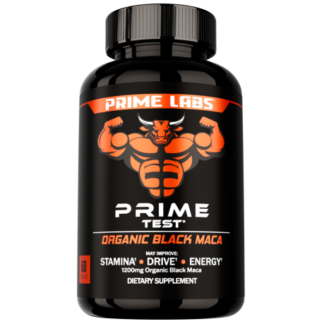 Prime Labs Prime Test Organic Black Maca bottle — orange bull mascot label, 60 capsules with 1200 mg organic black maca for stamina and drive