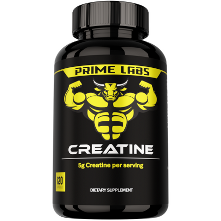 Prime Labs Creatine bottle — yellow bull mascot label, 120 capsules with 5 g creatine monohydrate per serving