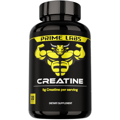 Prime Labs Creatine bottle — yellow bull mascot label, 120 capsules with 5 g creatine monohydrate per serving