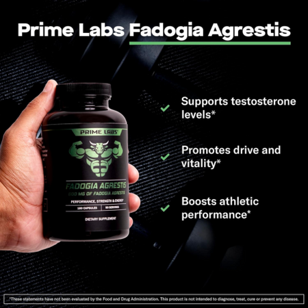 Hand holding Prime Labs Fadogia Agrestis bottle — supports testosterone levels, drive and athletic performance for men