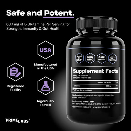 Prime Labs L-Glutamine supplement facts — 600 mg L-glutamine per serving, Made in USA, non-GMO, GMP compliant and third-party tested
