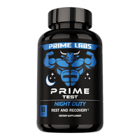 Prime Labs Prime Test Night Duty bottle — blue bull mascot label, 60 caplets for nighttime rest and recovery