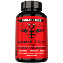 Prime Labs Prime Test Pro testosterone booster bottle — red label with bull mascot, 500 mg ashwagandha and 500 mg PrimaVie shilajit