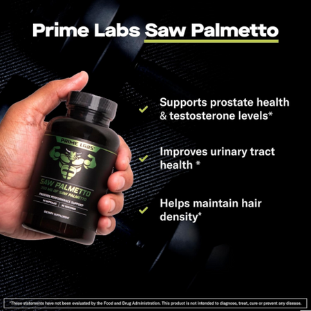 Hand holding Prime Labs Saw Palmetto bottle — supports prostate health, testosterone, urinary tract health and hair density for men