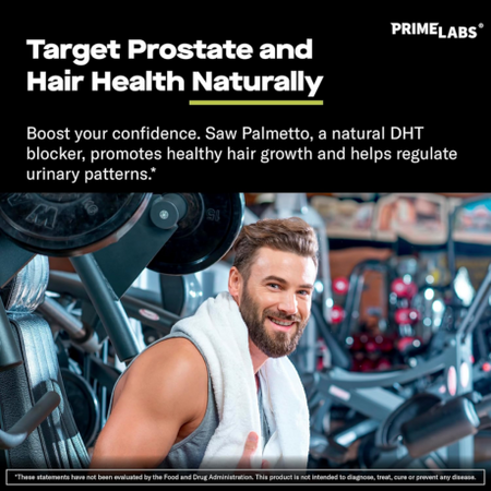 Prime Labs Saw Palmetto graphic — natural DHT blocker that targets prostate and hair health for men's confidence