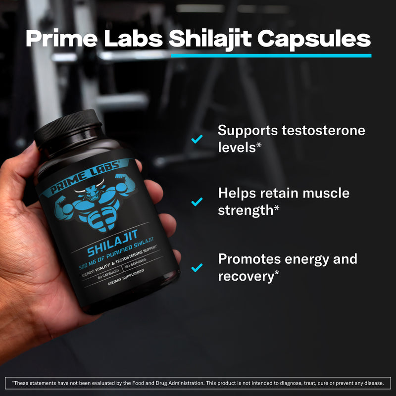 Hand holding Prime Labs Shilajit bottle in a gym — supports testosterone levels, helps retain muscle strength, promotes energy and recovery