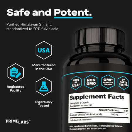 Prime Labs Shilajit supplement bottle with label on a black background, featuring branding and product information.
