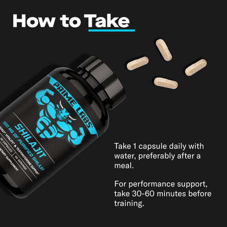 Prime Labs Shilajit bottle on its side with capsules spilling out — take 1 capsule daily with water, 30 to 60 minutes before training