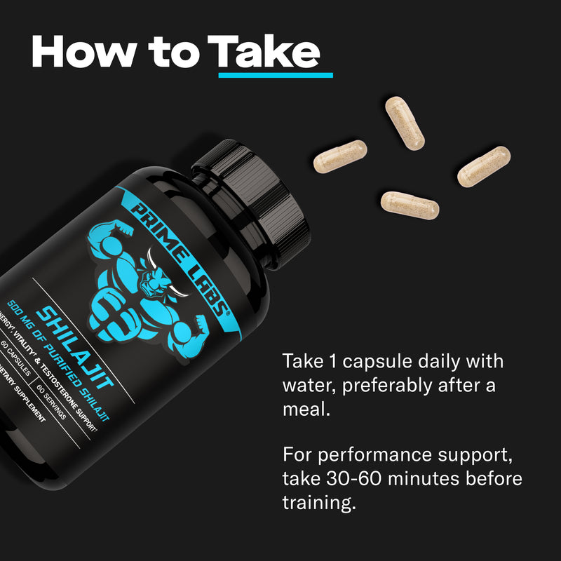 Prime Labs Shilajit bottle on its side with capsules spilling out — take 1 capsule daily with water, 30 to 60 minutes before training