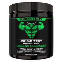 Prime Labs Prime Test High-Potency Tribulus Terrestris black jar with green bull mascot, 120 capsules, 60 servings, 1300mg 95% saponins