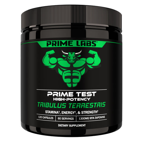 Prime Labs Prime Test High-Potency Tribulus Terrestris black jar with green bull mascot, 120 capsules, 60 servings, 1300mg 95% saponins