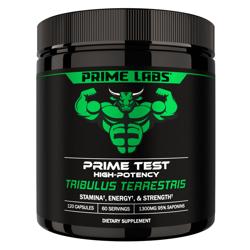 Prime Labs Prime Test High-Potency Tribulus Terrestris black jar with green bull mascot, 120 capsules, 60 servings, 1300mg 95% saponins