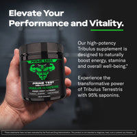 Hand holding the Prime Labs Tribulus Terrestris jar, Elevate your performance and vitality graphic describing 1300mg extract at 95% saponins