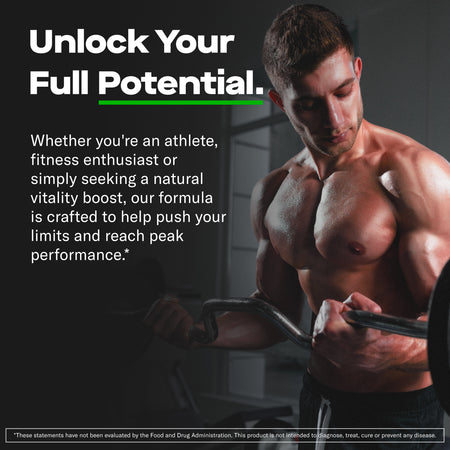 Prime Labs Tribulus graphic, a muscular man doing a barbell curl, headline Unlock your full potential for peak performance