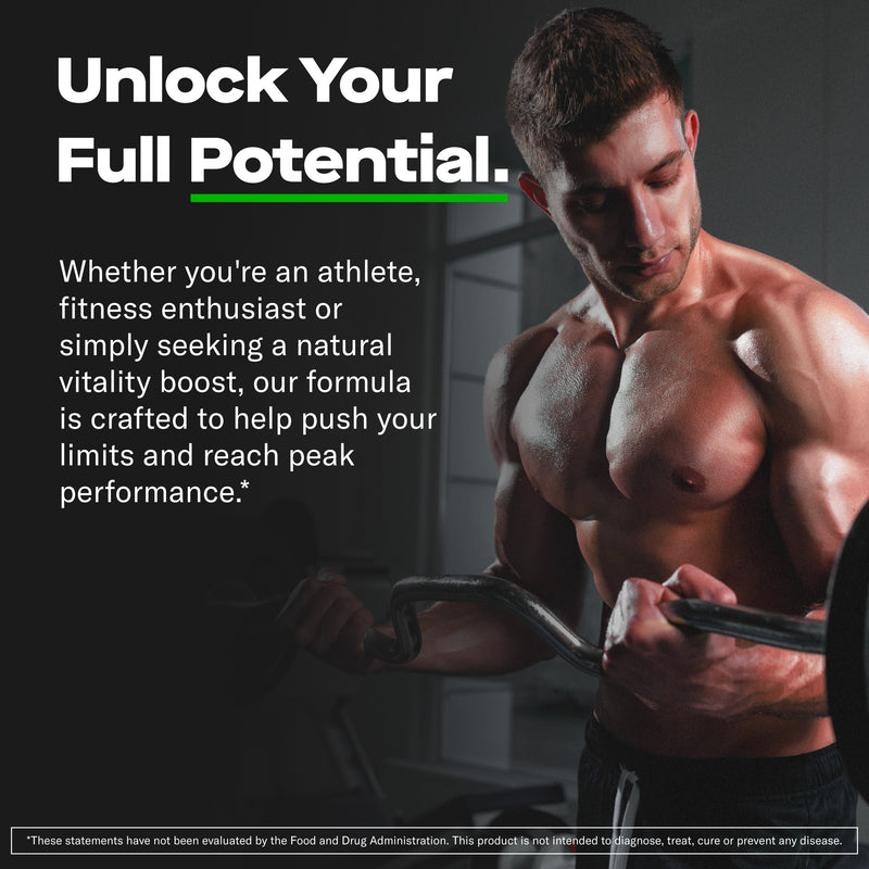 Prime Labs Tribulus graphic, a muscular man doing a barbell curl, headline Unlock your full potential for peak performance