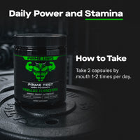 Prime Labs Tribulus jar resting on a barbell weight plate, Daily Power and Stamina graphic with directions to take 2 capsules 1 to 2 times daily