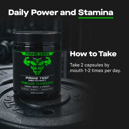 Prime Labs Tribulus jar resting on a barbell weight plate, Daily Power and Stamina graphic with directions to take 2 capsules 1 to 2 times daily