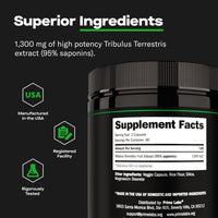 Prime Labs Tribulus Terrestris Superior Ingredients graphic, Supplement Facts panel for 1300mg extract with USA, Registered Facility and Tested badges