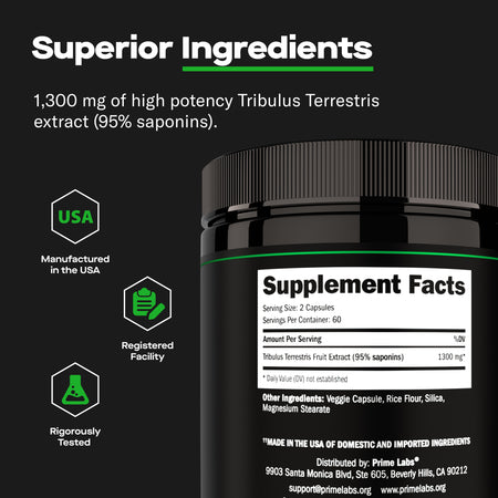 Prime Labs Tribulus Terrestris Superior Ingredients graphic, Supplement Facts panel for 1300mg extract with USA, Registered Facility and Tested badges