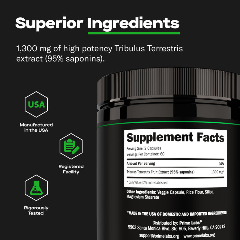 Prime Labs Tribulus Terrestris Superior Ingredients graphic, Supplement Facts panel for 1300mg extract with USA, Registered Facility and Tested badges