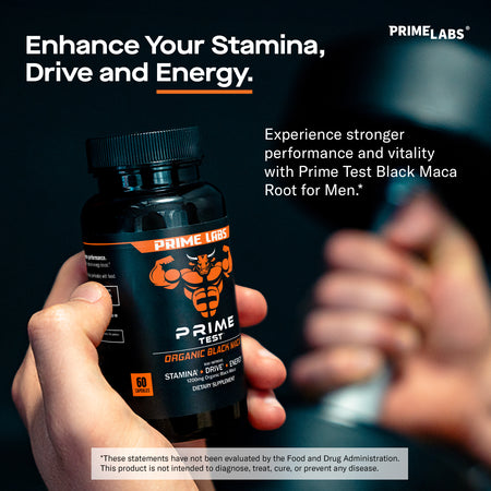 Hand holding Prime Labs Organic Black Maca bottle — supports stronger performance and vitality with black maca root for men