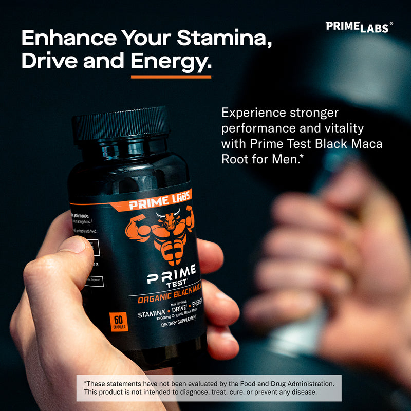 Hand holding Prime Labs Organic Black Maca bottle — supports stronger performance and vitality with black maca root for men